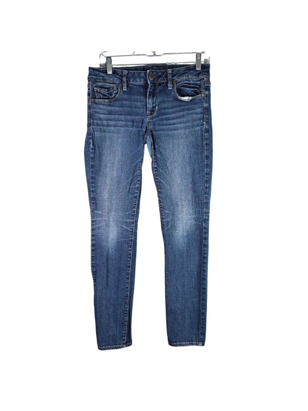 Womens American Eagle Super Stretch Skinny Jeans Mid-Rise Blue Denim Reg Size 8
